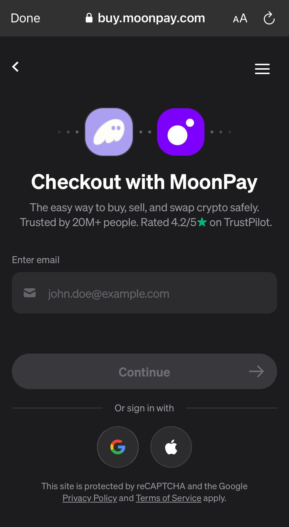 A screenshot to buy SOL via MoonPay in Phantom wallet